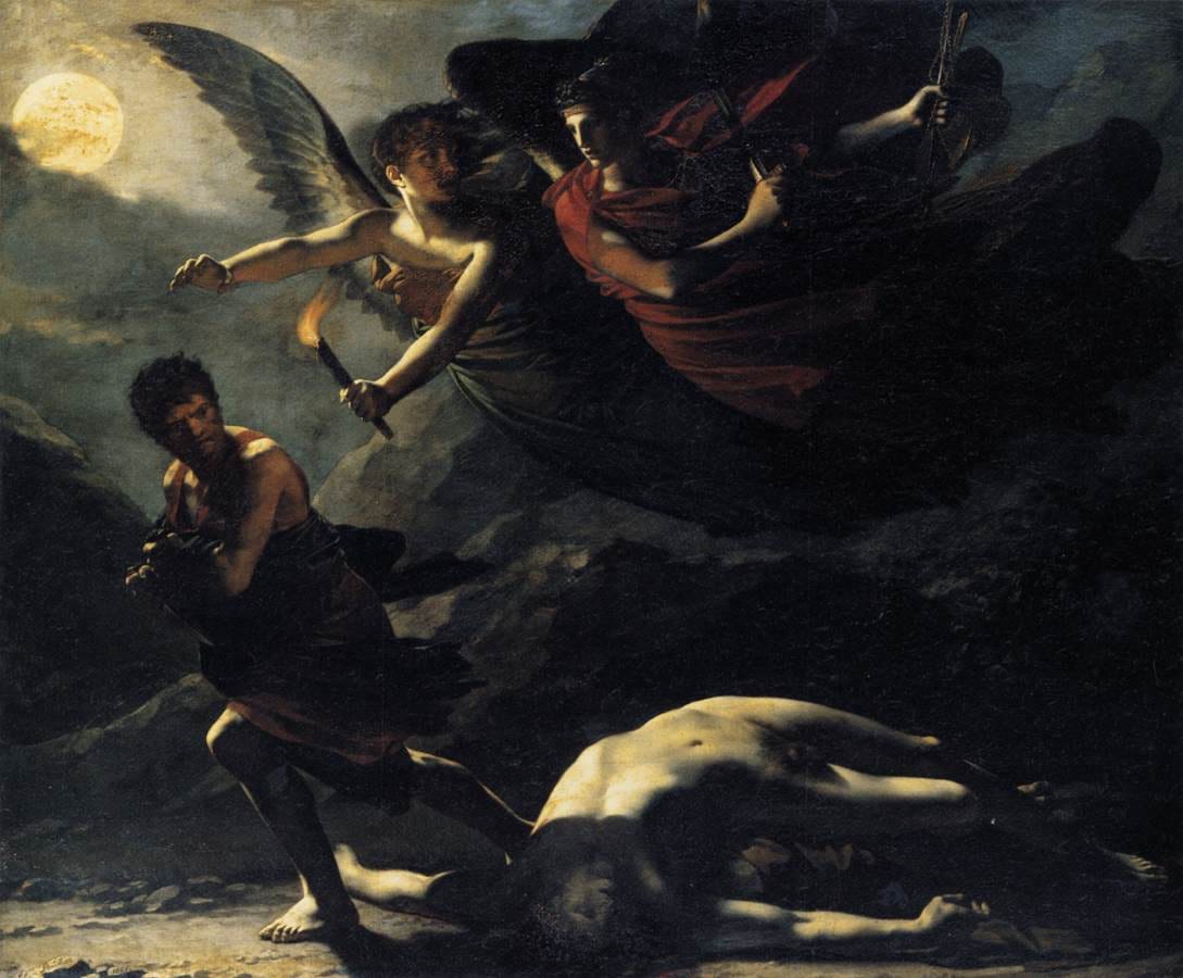Justice (Dike, on the left) and Divine Vengeance (Nemesis, right) pursuing a murderer, in a painting by Pierre-Paul Prud'hon, 1808